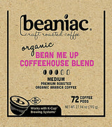 beaniac Organic Bean Me Up Coffeehouse Blend, Medium Roast, Single Serve Compostable K Cup Coffee Pods, Organic Arabica Coffee, Keurig Brewer