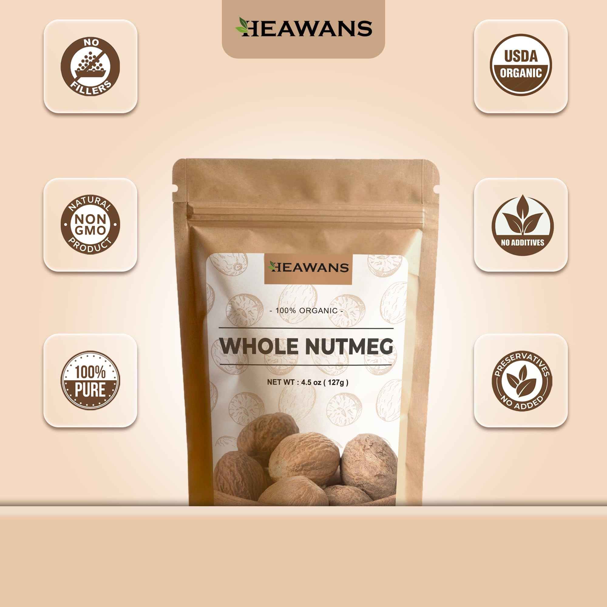 Heawans Organic Whole Nutmeg 4.5 oz, Premium Grade, Packed in a stand up resealable pouch.