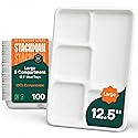 100% Compostable, Large 5 Compartment, Disposable Tray [100-Pack] - [12.5 Inch] Heavy Duty Biodegradable Bagasse Sectional Lunch Trays + Dividers