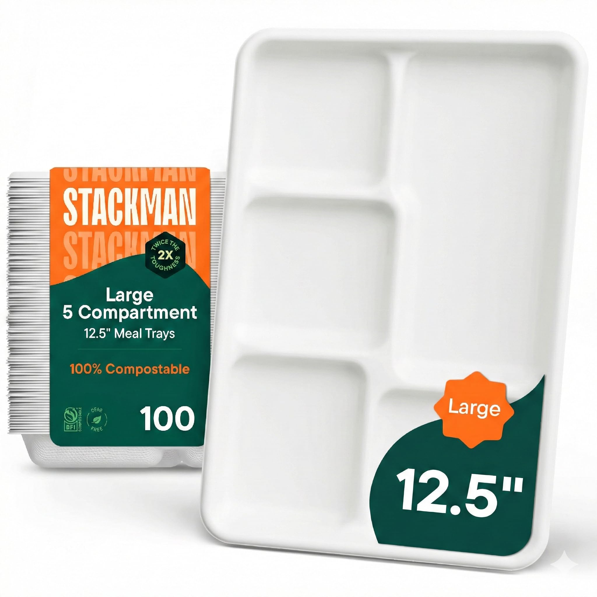 100% Compostable, Large 5 Compartment, Disposable Tray [100-Pack] - [12.5 Inch] Heavy Duty Biodegradable Bagasse Sectional Lunch Trays + Dividers