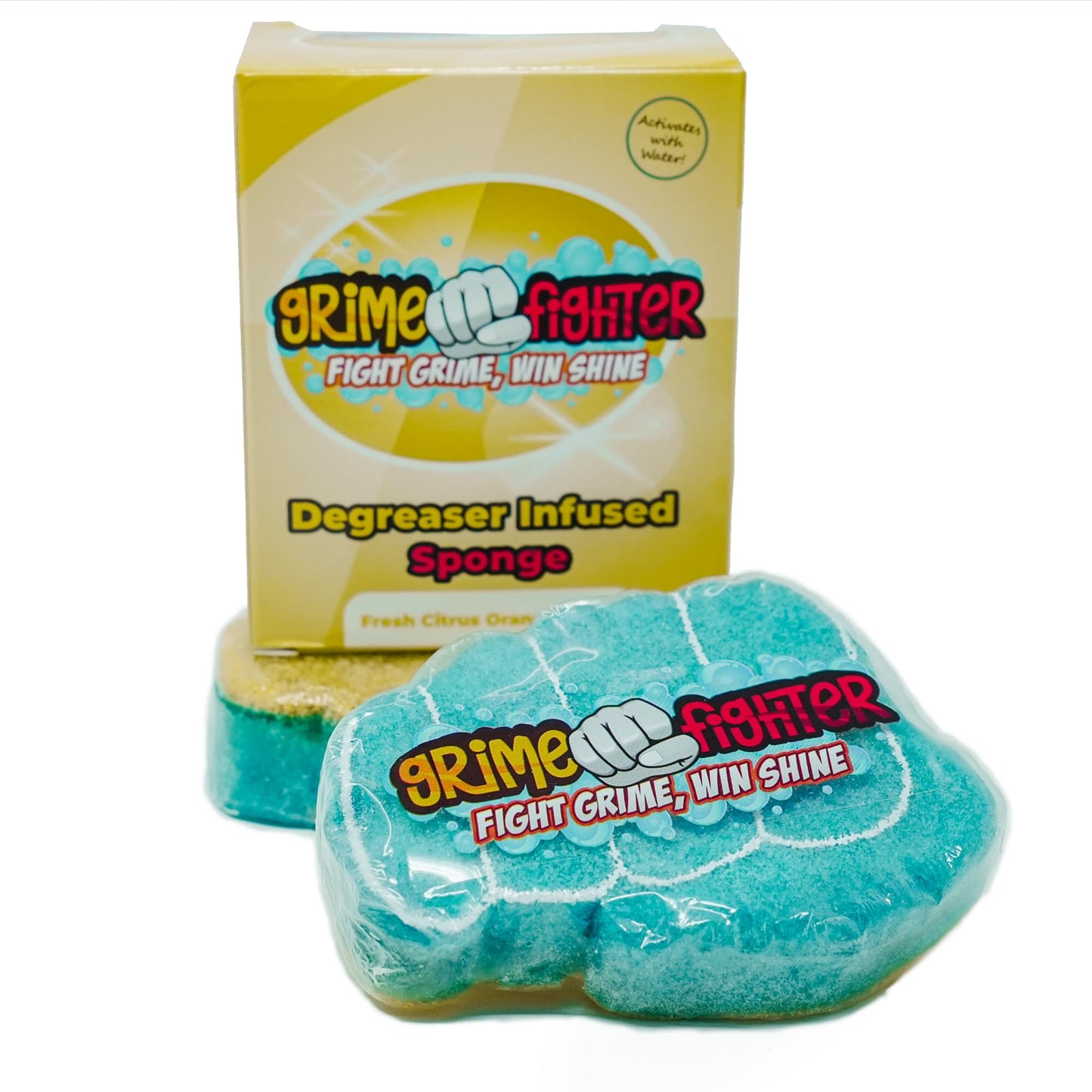 Degreaser Dish Soap Infused Cleaning Sponge, Activates with Water, 2 Pack, Non Scratch, Ergonomic, Fresh Citrus Orange Scent