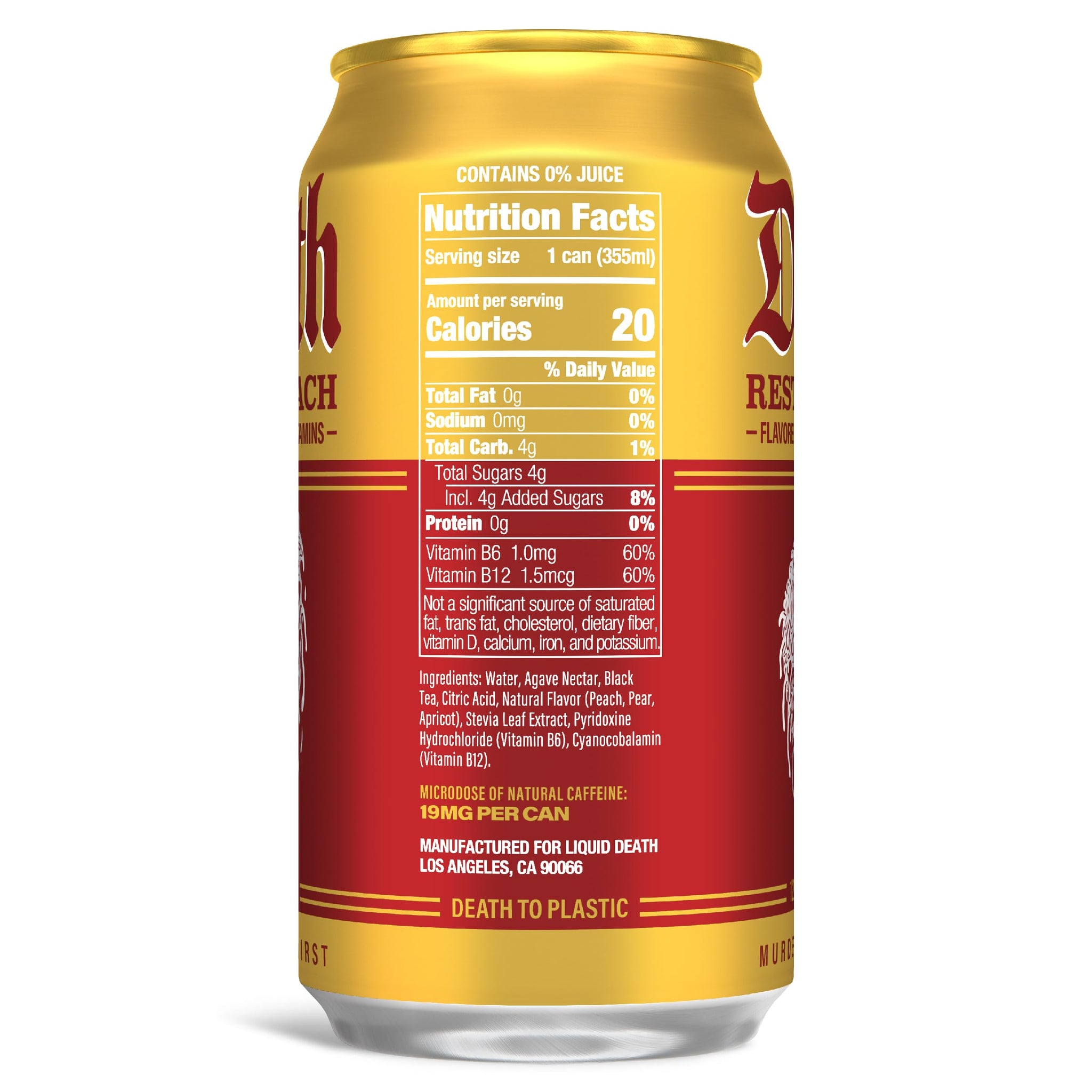 Liquid Death Iced Tea - Rest In Peach (Peach-Flavored Black Tea), Less Sugar*, Boost of Caffeine, B Vitamins, No Artificial Sweeteners, 12 Fl Oz (Pack