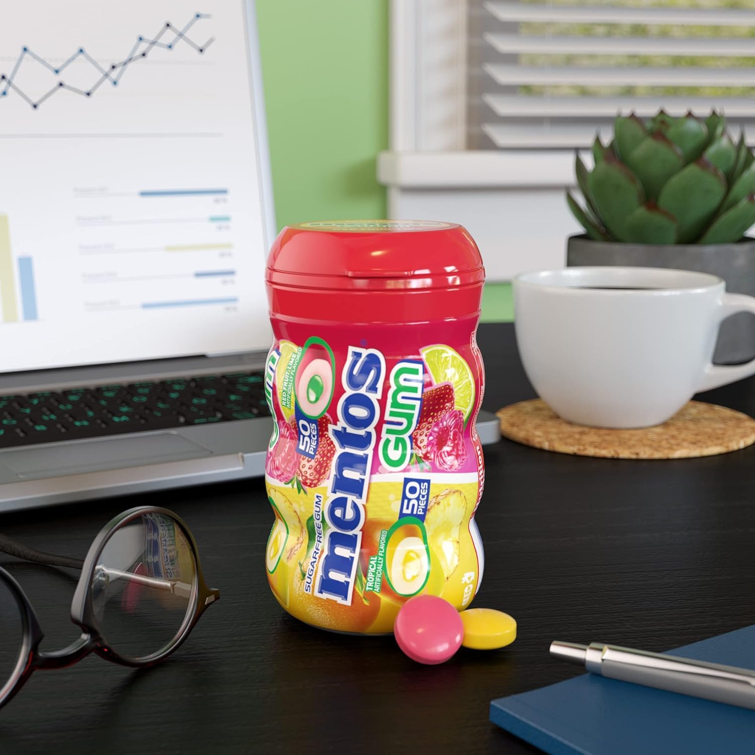 MENTOS SUGAR-FREE CHEWING GUM, RED FRUIT LIME, 50 PIECE BOTTLE