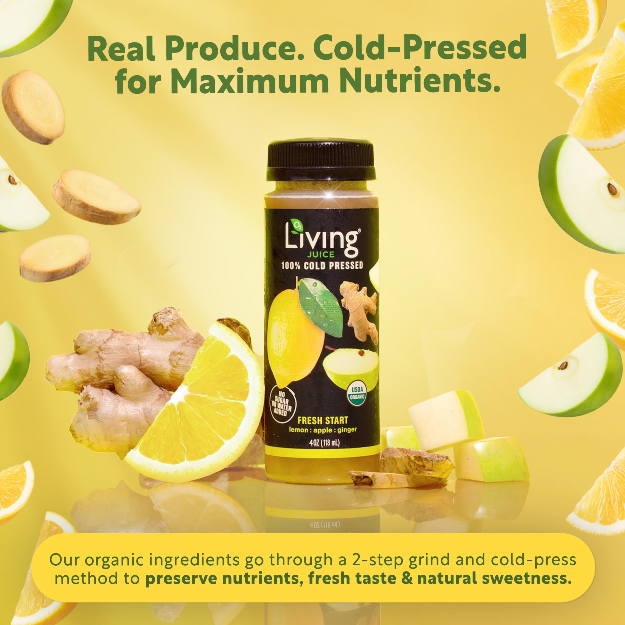 O2 Living Juice Cold Pressed Drink - Fresh Start Organic Juice Pack - No Added Sugars or Water, Naturally Sweetened from Fruits, Rich in Nutrients