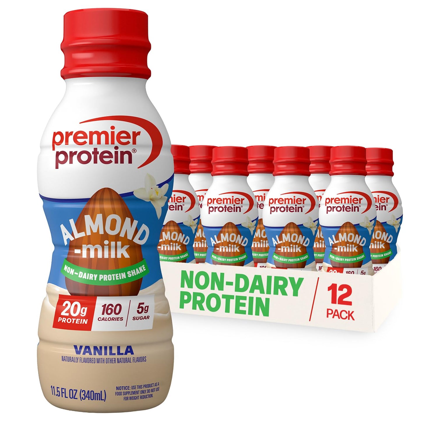Premier Protein Non-Dairy Plant Based Almondmilk Protein Shake, Vanilla, 20g Protein, 5g Sugar, 11.5 Fl oz (12 Pack)