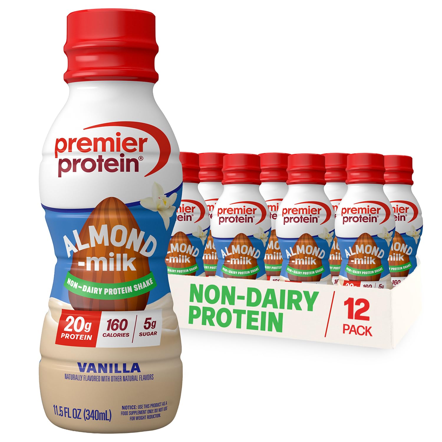 Premier Protein Non-Dairy Plant Based Almondmilk Protein Shake, Vanilla, 20g Protein, 5g Sugar, 11.5 Fl oz (12 Pack)
