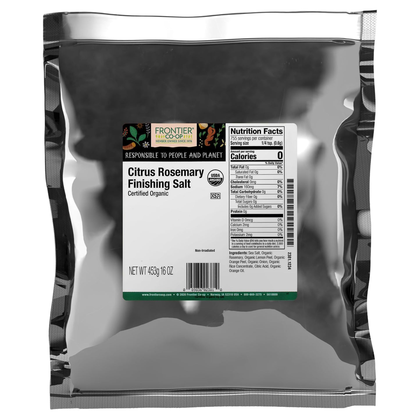Frontier Co-op Organic Citrus Rosemary Finishing Salt, 1lb Bulk Bag - Zesty Sea Salt with Rosemary, Lemon and Orange Peel for Pasta and Vegetables