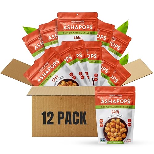 AshaPops Chili Flavored Popped Water Lily Seeds, 0.5 oz (Pack of 12) - Gluten-Free, Vegan, Paleo, Nut-Free, Corn-Free, Soy-Free, Non-GMO, Delicious