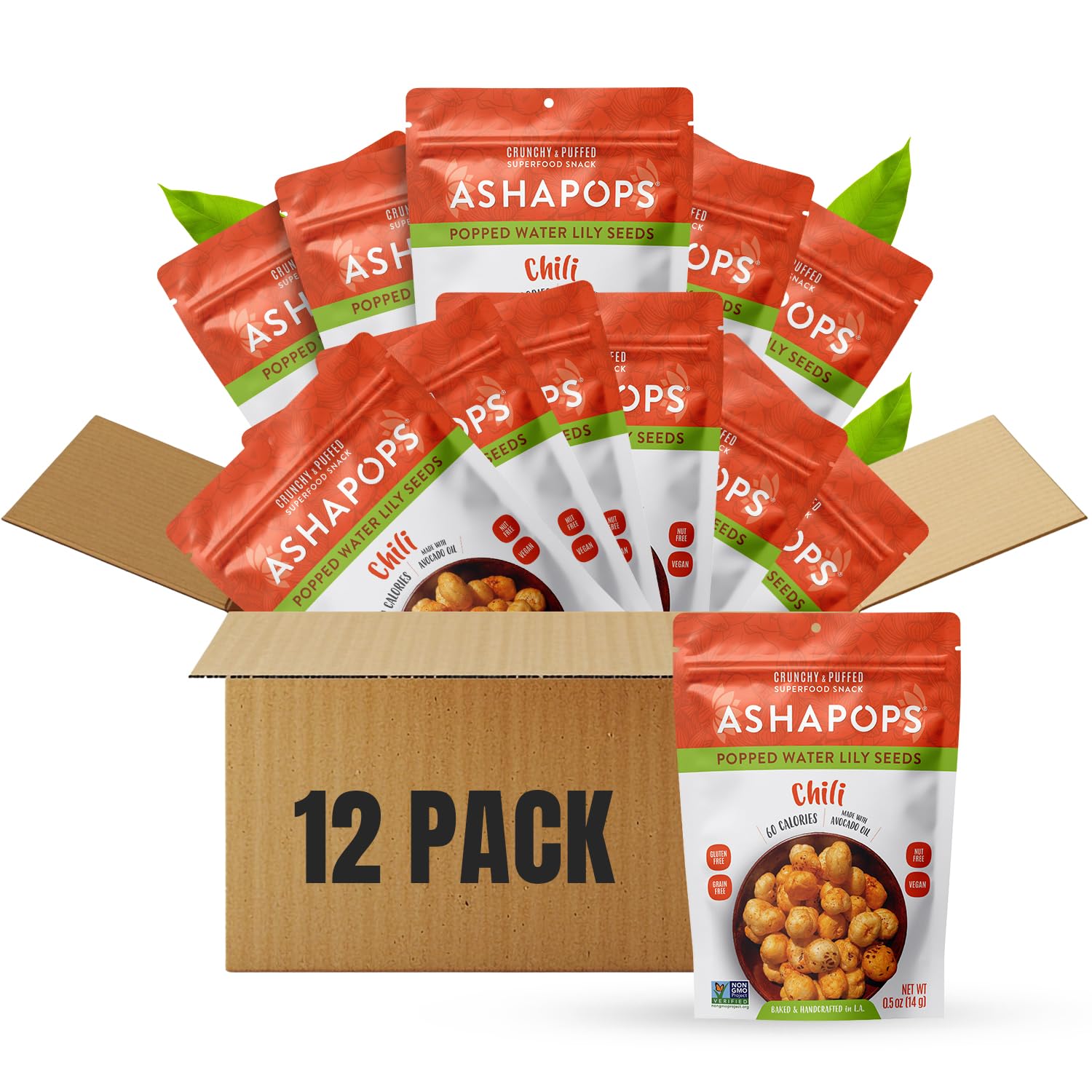 AshaPops Chili Flavored Popped Water Lily Seeds, 0.5 oz (Pack of 12) - Gluten-Free, Vegan, Paleo, Nut-Free, Corn-Free, Soy-Free, Non-GMO, Delicious