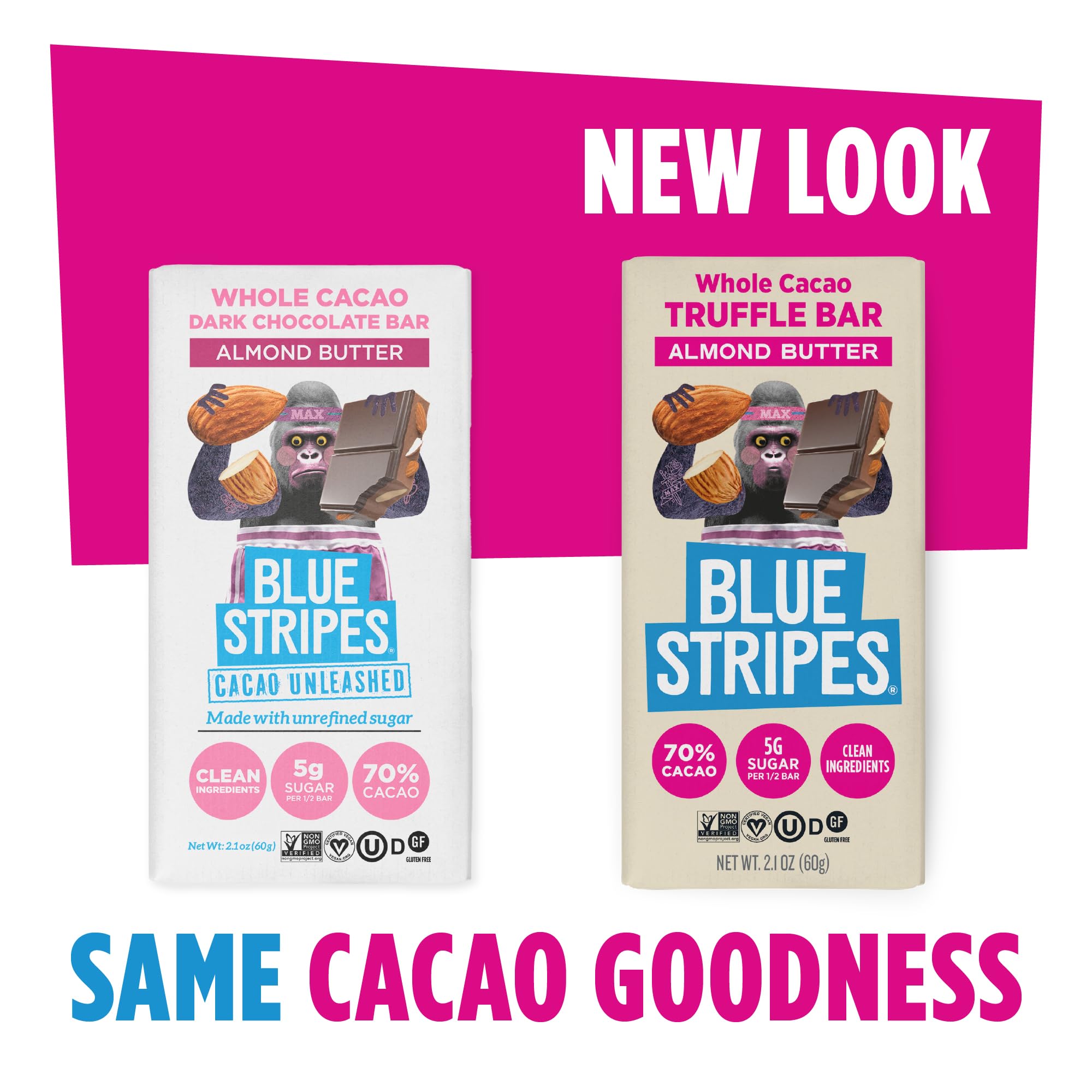 Blue Stripes - Almond Butter Whole Cacao Truffle Chocolate Bars, 70% Cacao, Almond Butter, Healthy Chocolate, Vegan, No Refined Sugar, Non GMO, Gluten