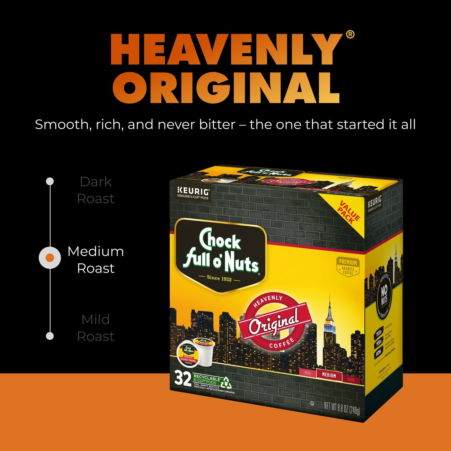 Chock Full o' Nuts Heavenly Original Keurig K-Cup Pods for Keurig Brewers - Premium Arabica, Medium Roast - Single Serve - 1 Pack of 32 K-Cup Pods