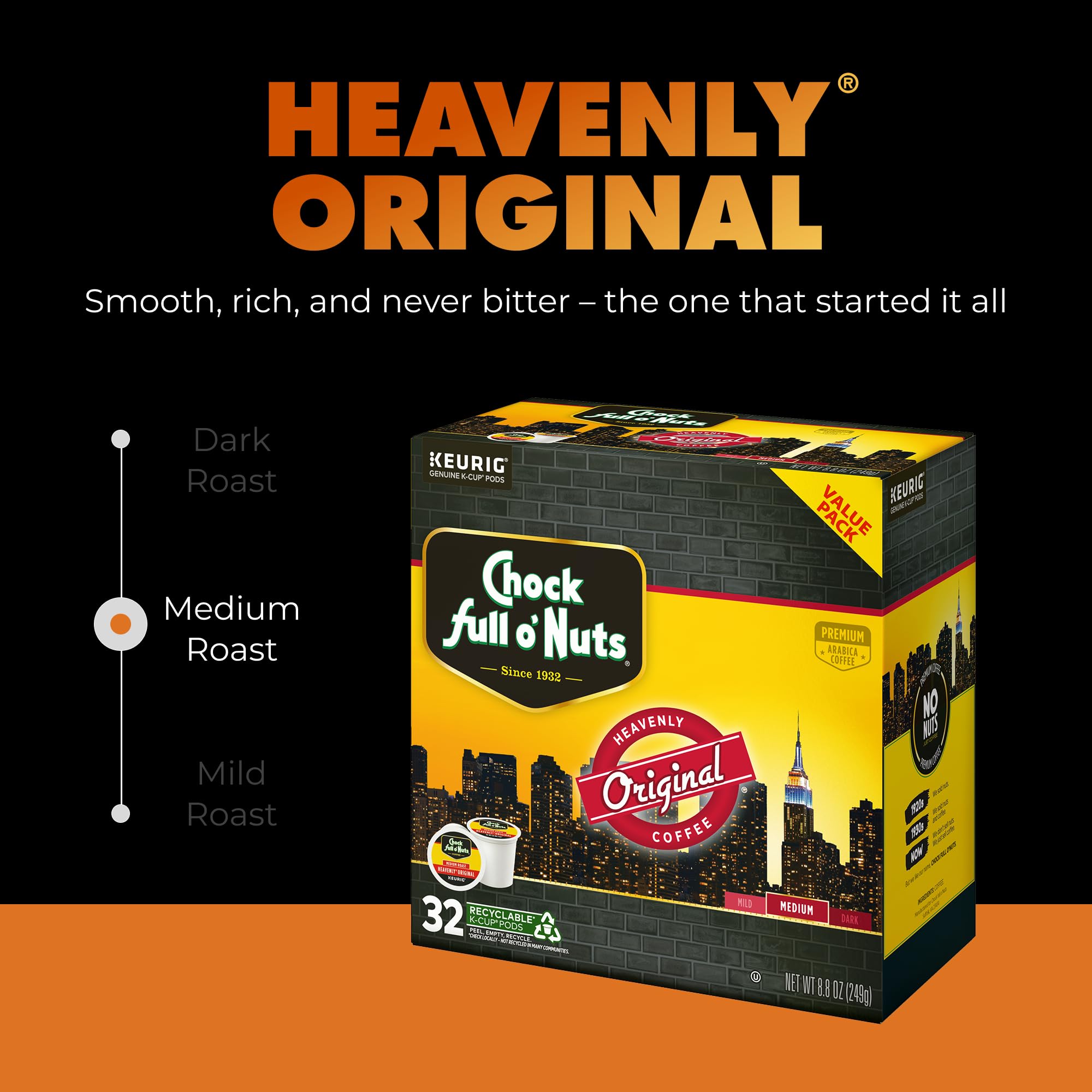 Chock Full o' Nuts Heavenly Original Keurig K-Cup Pods for Keurig Brewers - Premium Arabica, Medium Roast - Single Serve - 1 Pack of 32 K-Cup Pods