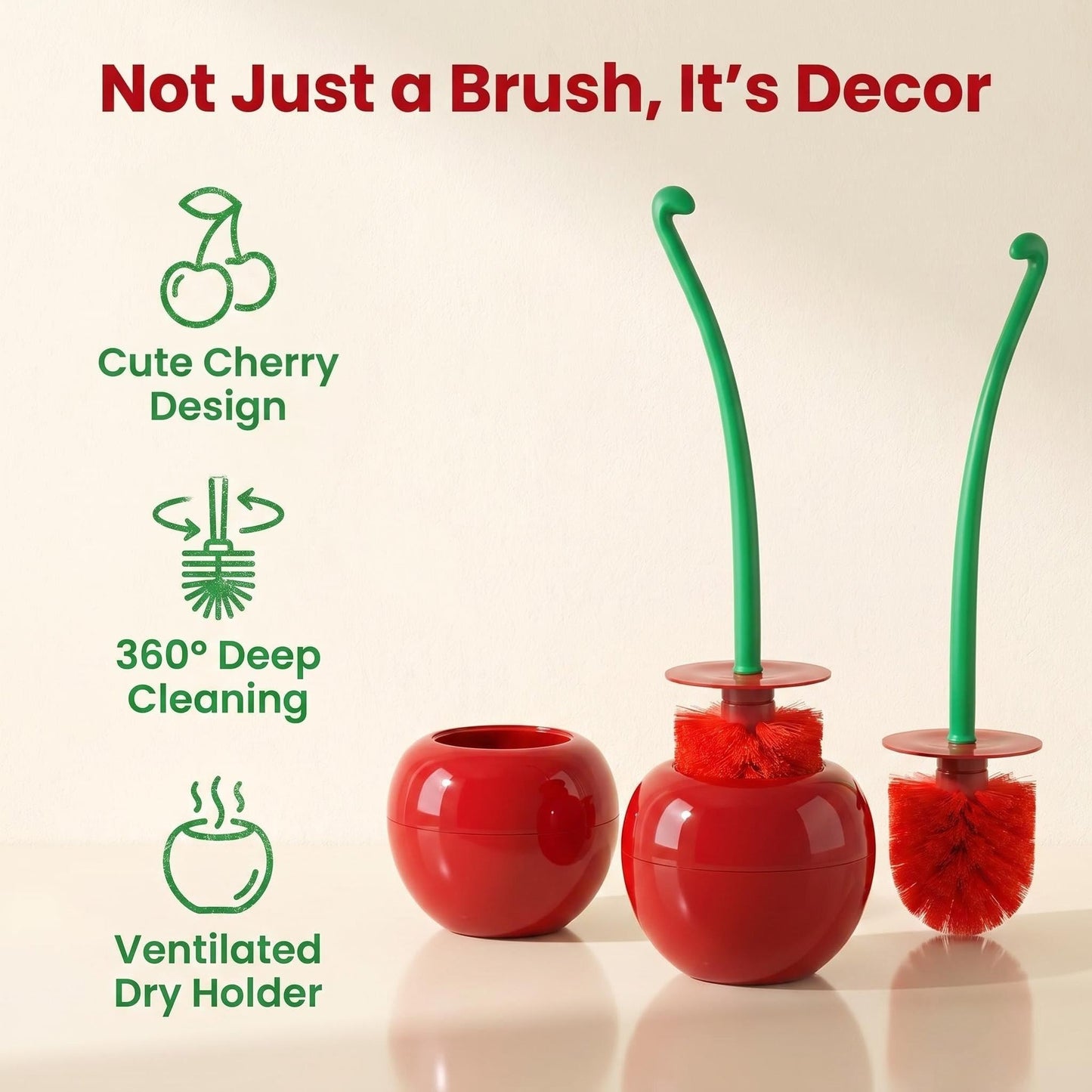 Toilet Bowl Brush with Holder Set: 360°Under Rim Toilet Scrubber Cute Cherry 2pcs-Heavy Duty Scrubbing Bristles for Apartment Bathroom