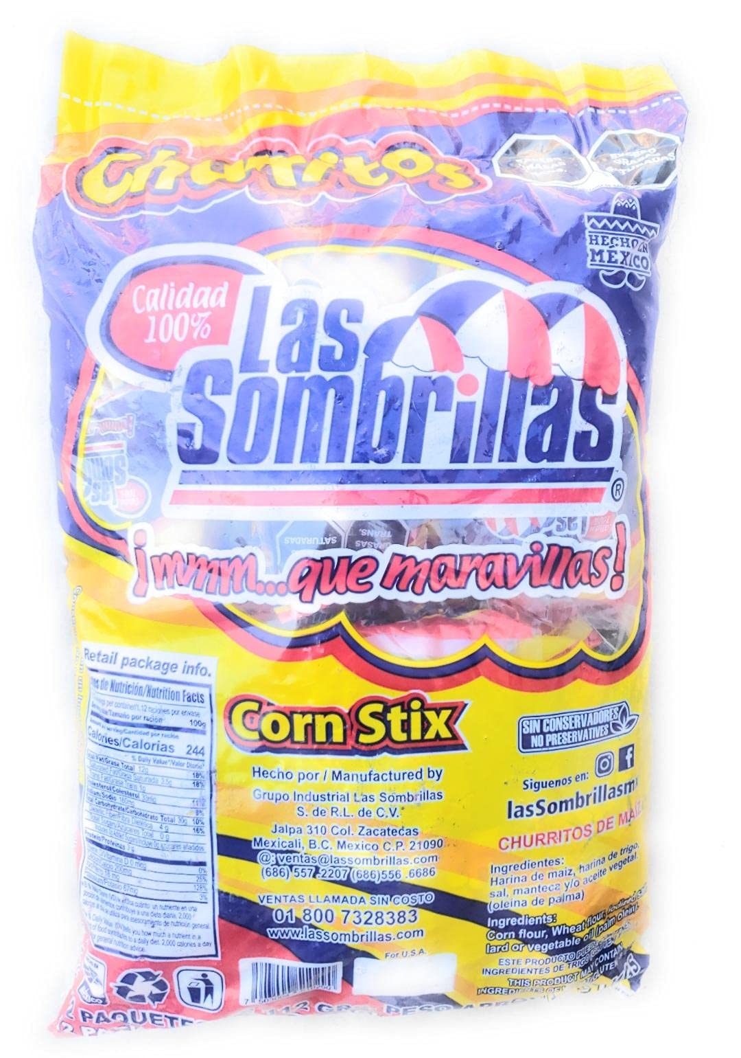 Las Sombrillas Churritos Corn Sticks12 Individual Bags 3.96oz Churritos D'Maiz