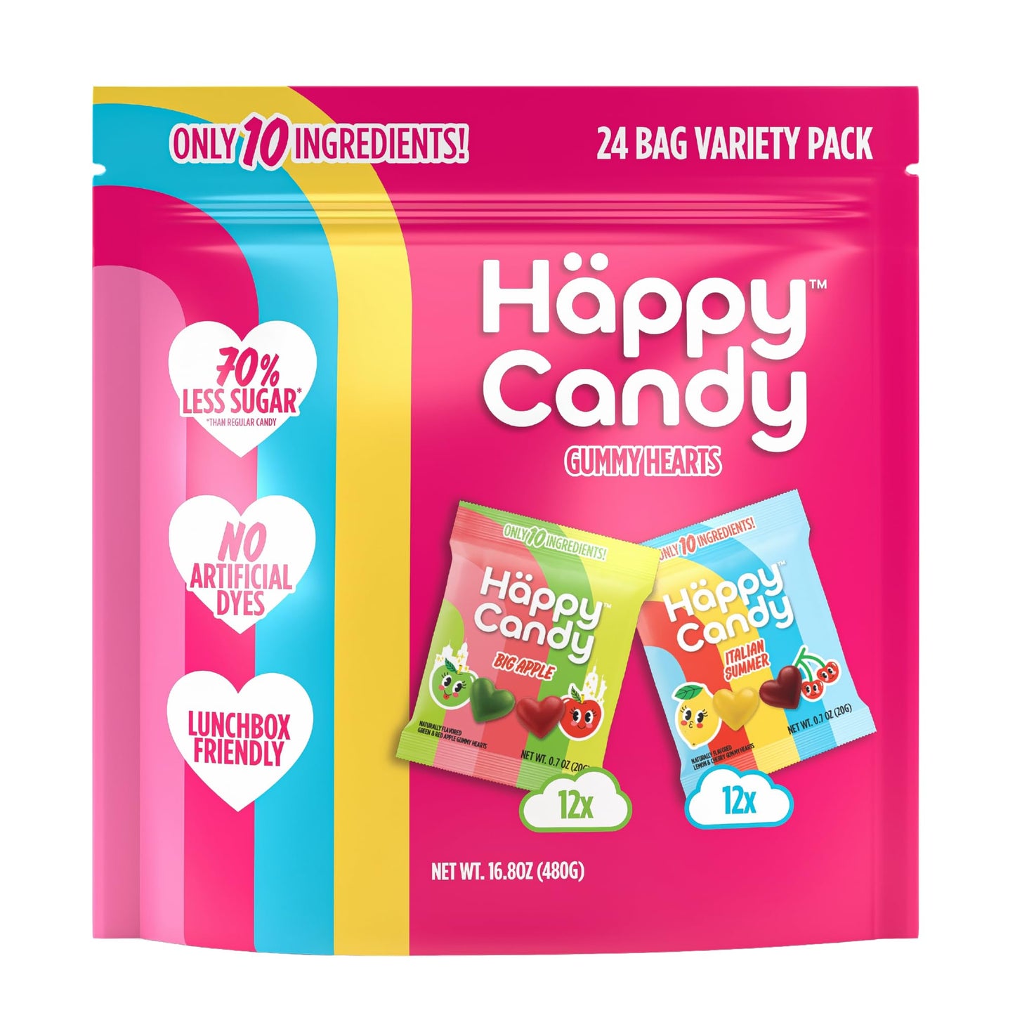 Mini Gummy Candy Variety Pack 24 Count 0.7 oz Bags Big Apple & Italian Summer 70% Less Sugar Vegan Non GMO Gluten Free No Alternative Sweeteners Kids
