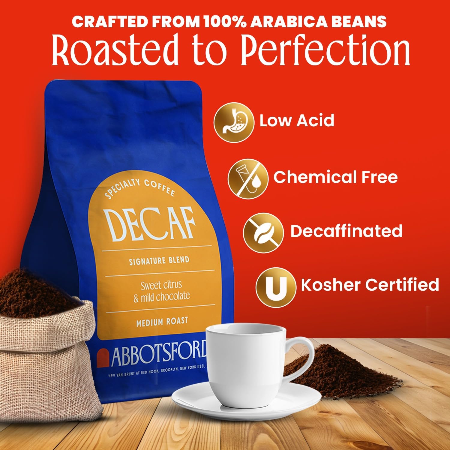 Decaf Flavored Coffee Ground, Sweet Citrus & Mild Chocolate Medium Roast Ground Coffee, Signature Blend Swiss Water Processed Premium Coffee, 12oz