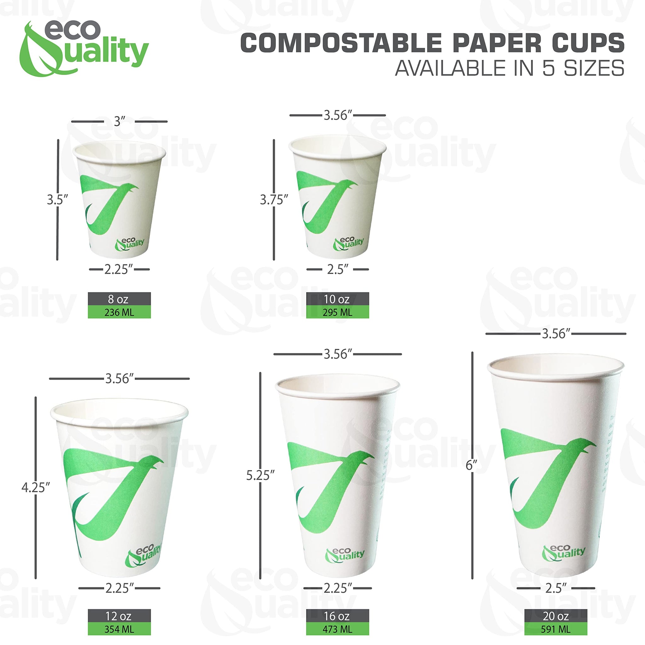 EcoQuality 8 oz Compostable Paper Cups - Biodegradable Disposable White Paper Coffee Cups PLA Lined - Eco-friendly Hot and Cold Drinking Cups