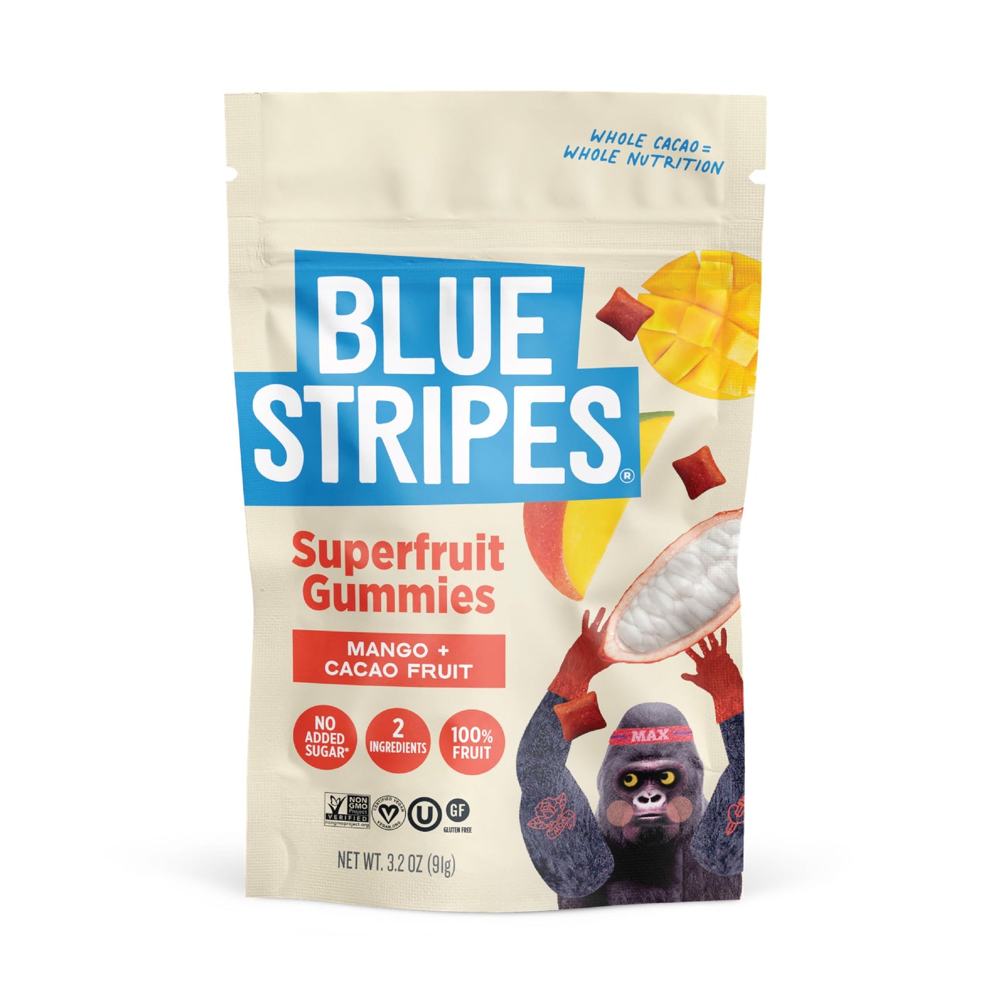 Blue Stripes Cacao Superfruit Gummies - Vegan Chewy Fruity Snack, No Sugar Added 100% Fruit Gummy, 9 Essential Vitamins & Minerals, Natural Tropical