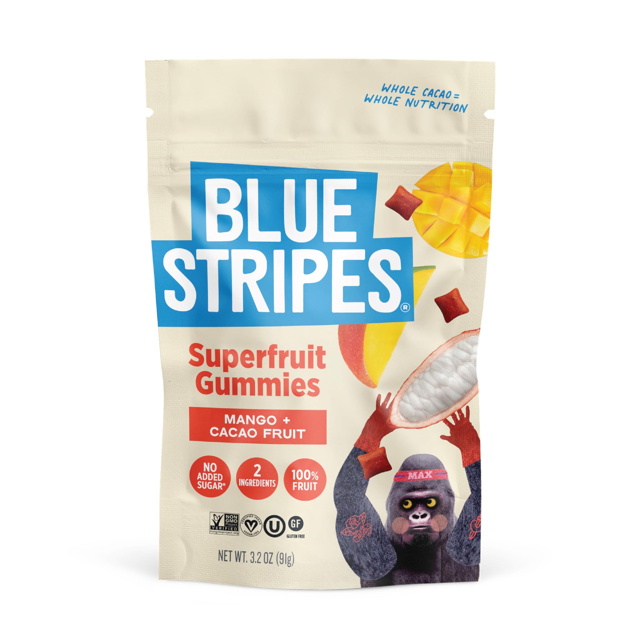 Blue Stripes Cacao Superfruit Gummies - Vegan Chewy Fruity Snack, No Sugar Added 100% Fruit Gummy, 9 Essential Vitamins & Minerals, Natural Tropical