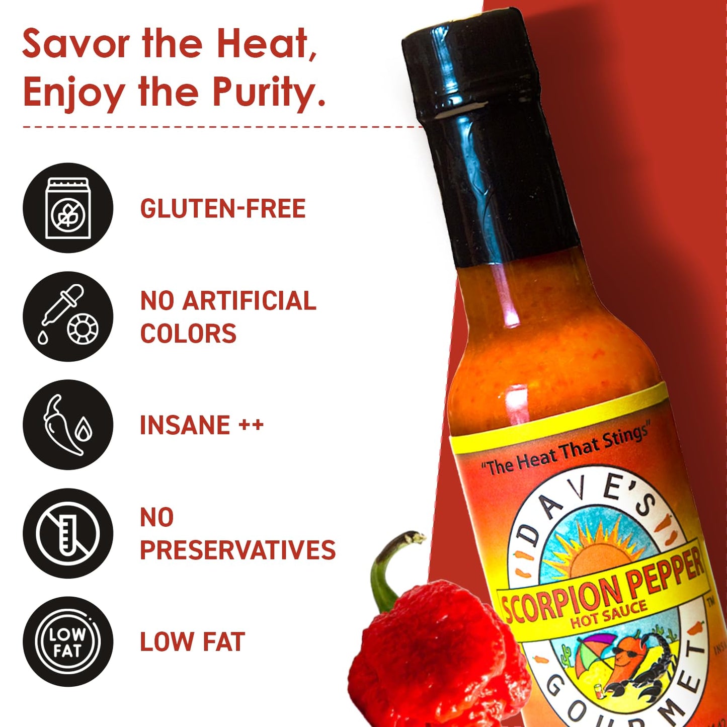 Dave's Gourmet Scorpion Pepper Hot Sauce - Extract-Free Insanely Hot Flavor - Hot Sauce for Burgers, Stews, Tacos, Pizza & More - Spicy Gluten-Free
