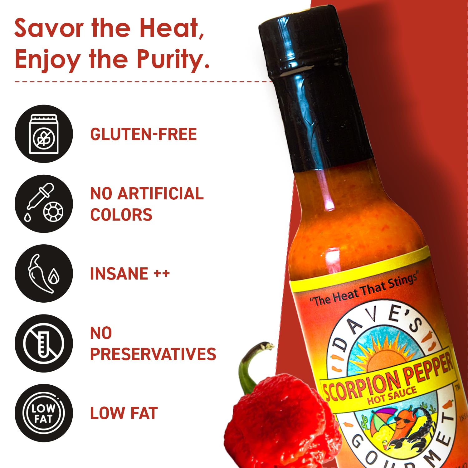Dave's Gourmet Scorpion Pepper Hot Sauce - Extract-Free Insanely Hot Flavor - Hot Sauce for Burgers, Stews, Tacos, Pizza & More - Spicy Gluten-Free