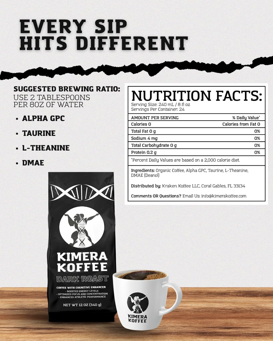 Kimera Koffee Dark Roast - Organic Bold Nootropic Coffee with Alpha-GPC, Taurine, DMAE, L-Theanine, 12oz Ground