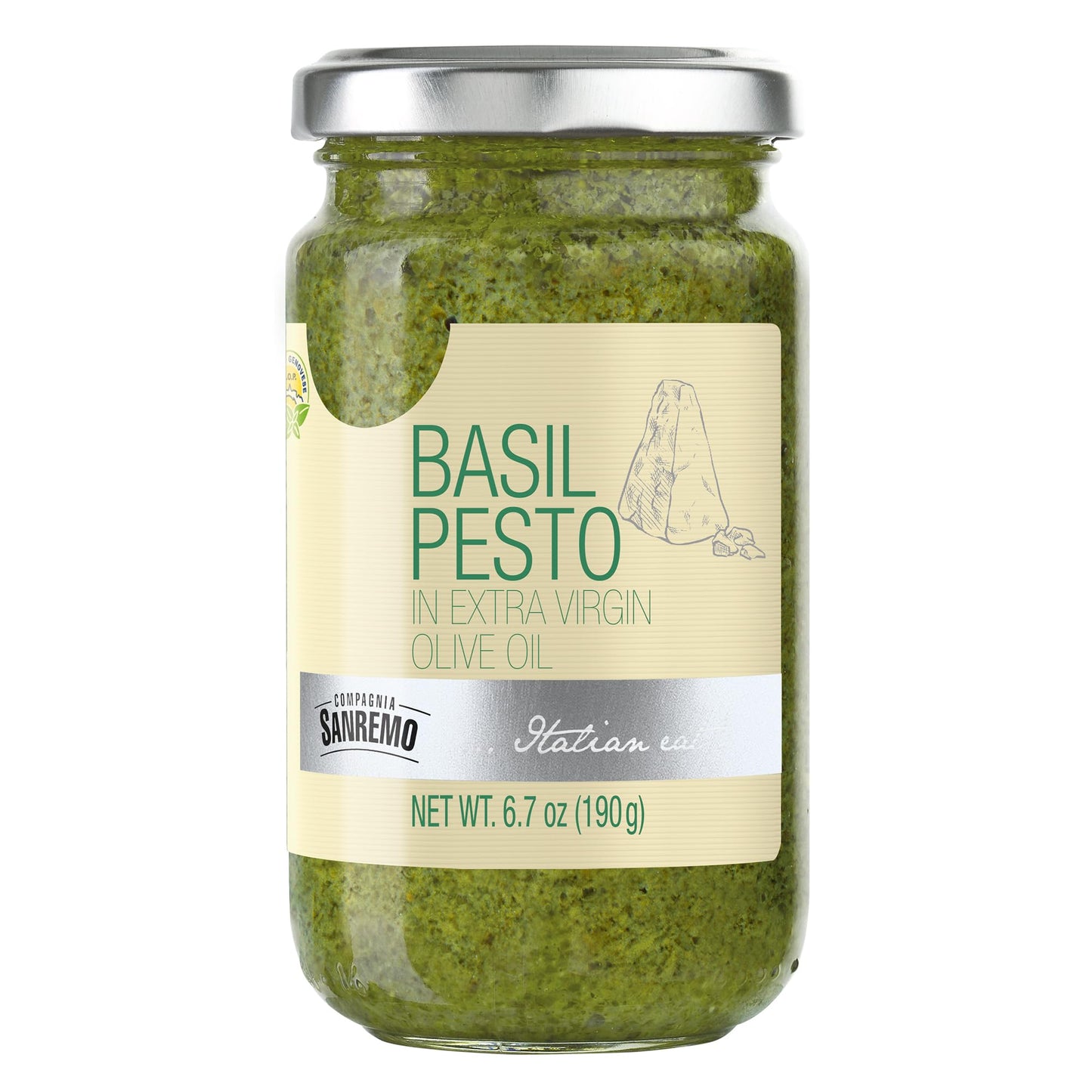 Compagnia Sanremo Basil Pesto with Cheese, 6.7 oz, (Pack of 1) - Authentic Italian Pesto Sauce - Rich, Savory Flavor with Fresh Basil, Grated Cheese