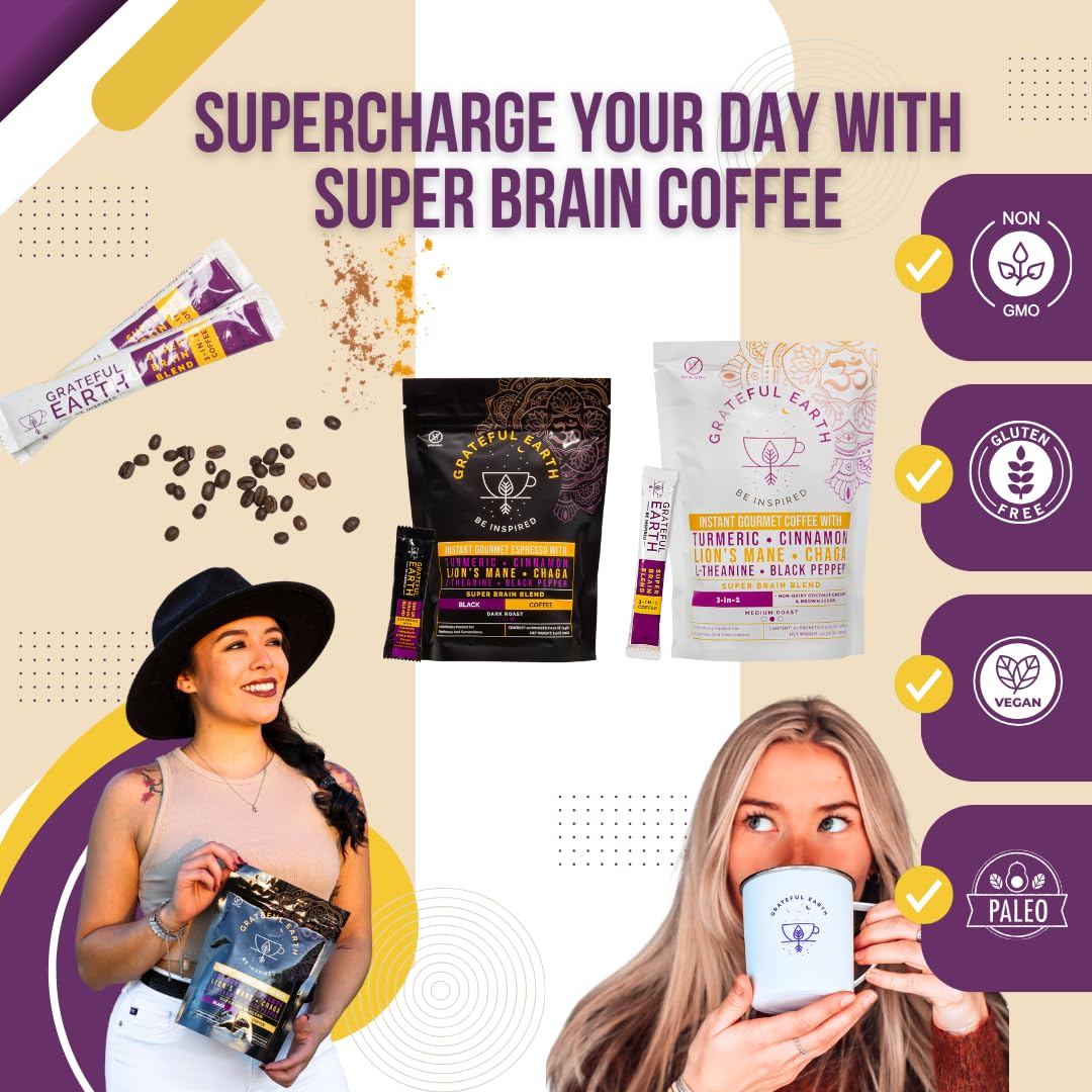 Grateful Earth Mushroom Coffee, Coconut Instant Coffee with Cinnamon, Turmeric, Lion’s Mane Mushrooms, L-Theanine, Chaga, Super Brain Blend, Energy
