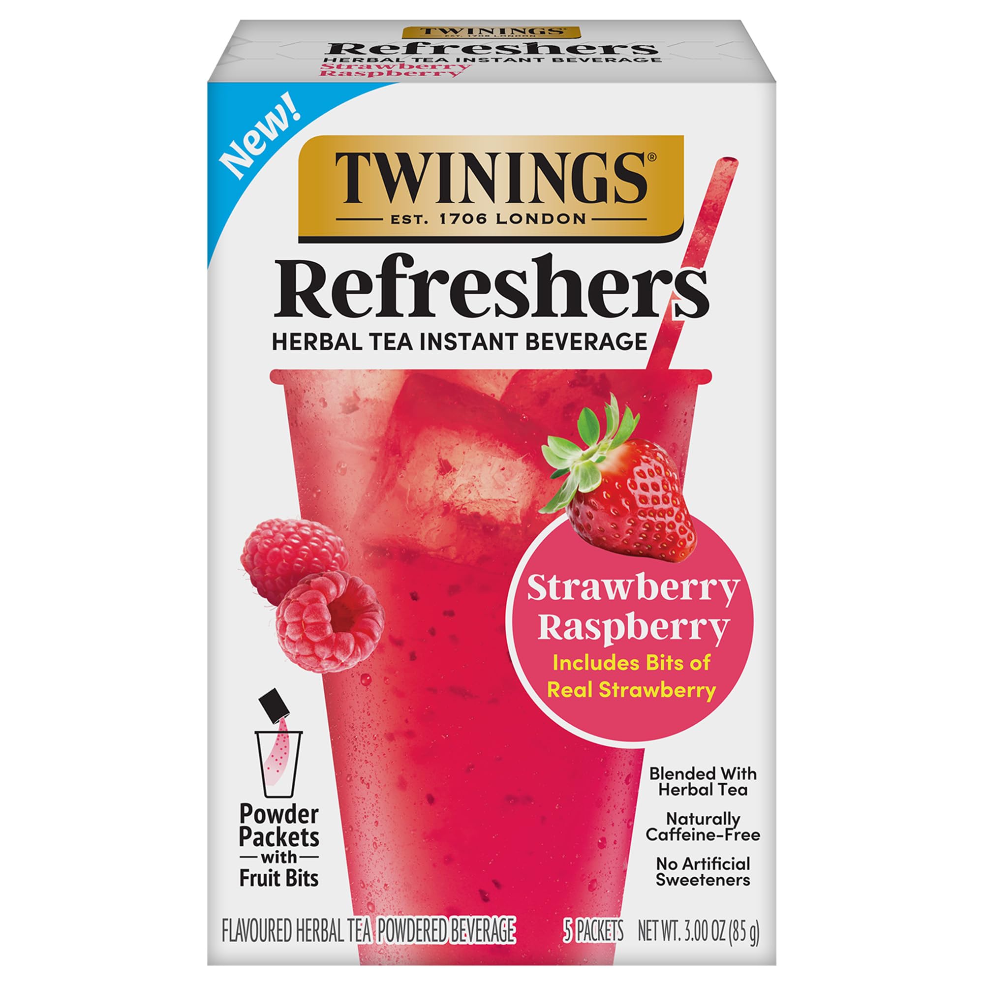 NEW Twinings Strawberry Raspberry Refreshers, Herbal Tea Instant Beverage with Real Strawberry Fruit Bits, 5 Count (Pack of 1), Café Style, No