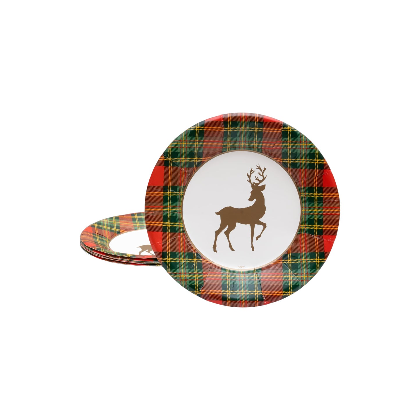 Caspari Reindeer Tartan Red Paper Salad & Dessert Plates - includes 8 Paper Salad & Dessert Plates