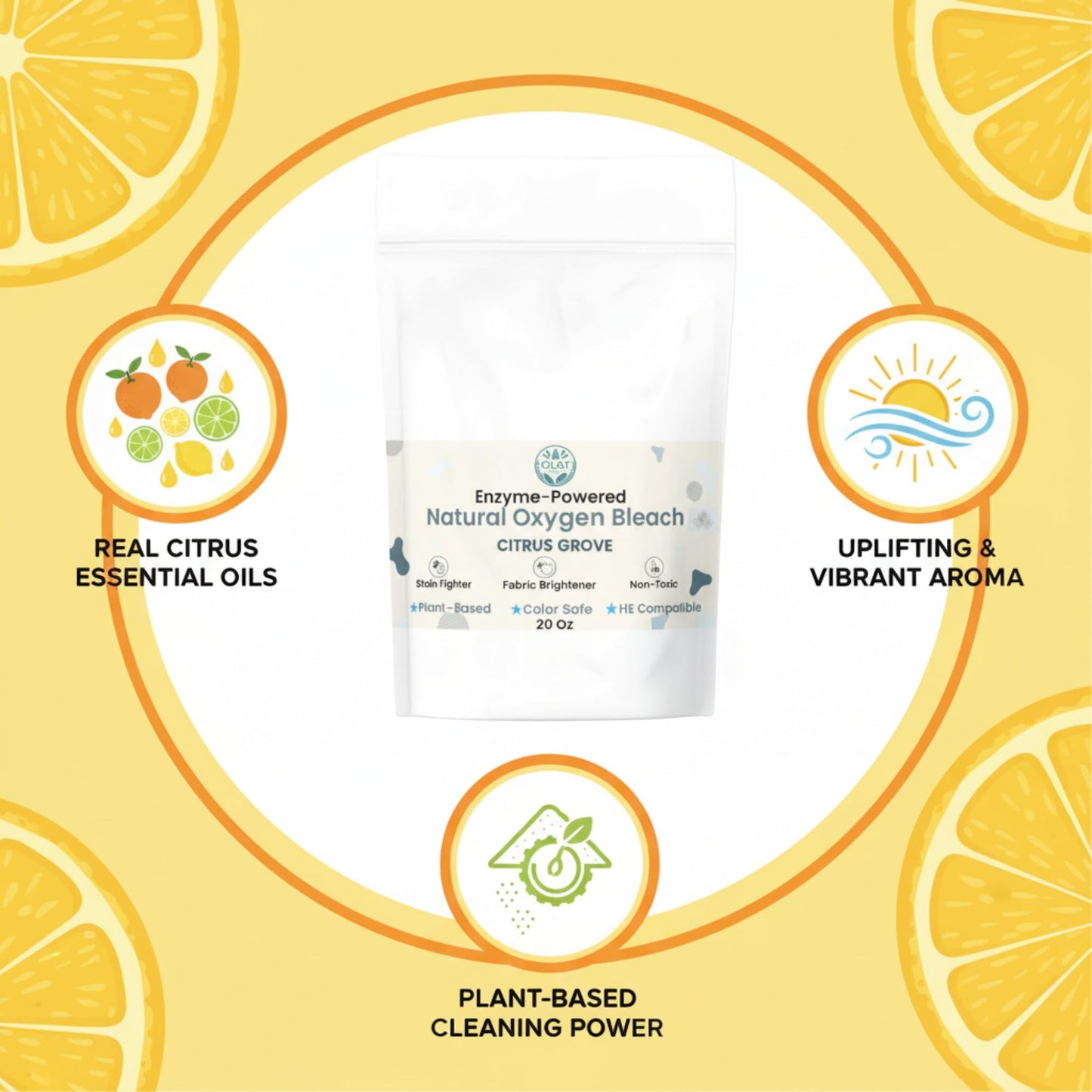 GLAT Group Enzyme-Powered Natural Oxygen Bleach (Powder) - Citrus Grove | Chlorine-Free Stain Remover & Laundry Whitener | Safe for Colors, Septic