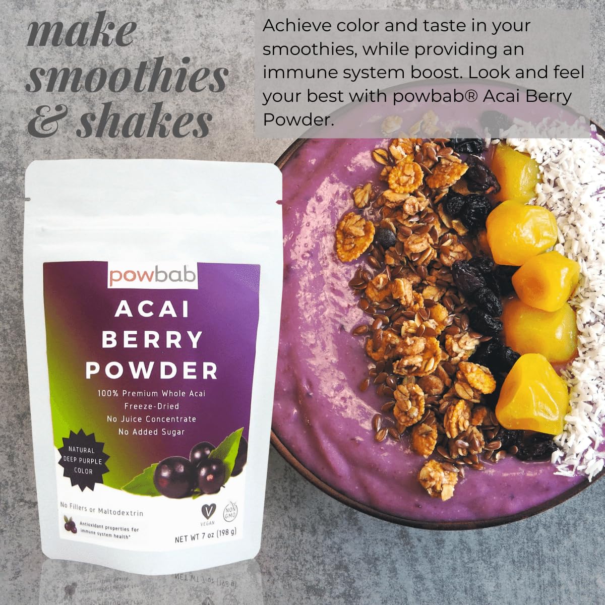 powbab Acai Berry Powder - 100% Organic Acai Powder. Freeze Dried, Unsweetened from Brazil. Pure Superfood. Rich in Antioxidants, Perfect for Fruit