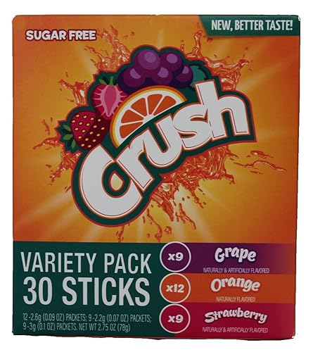 Crush Singles Grape, Orange, Strawberry To Go Sugar Free Drink Mix Variety Pack 2.75 oz Pack of 30 Sticks