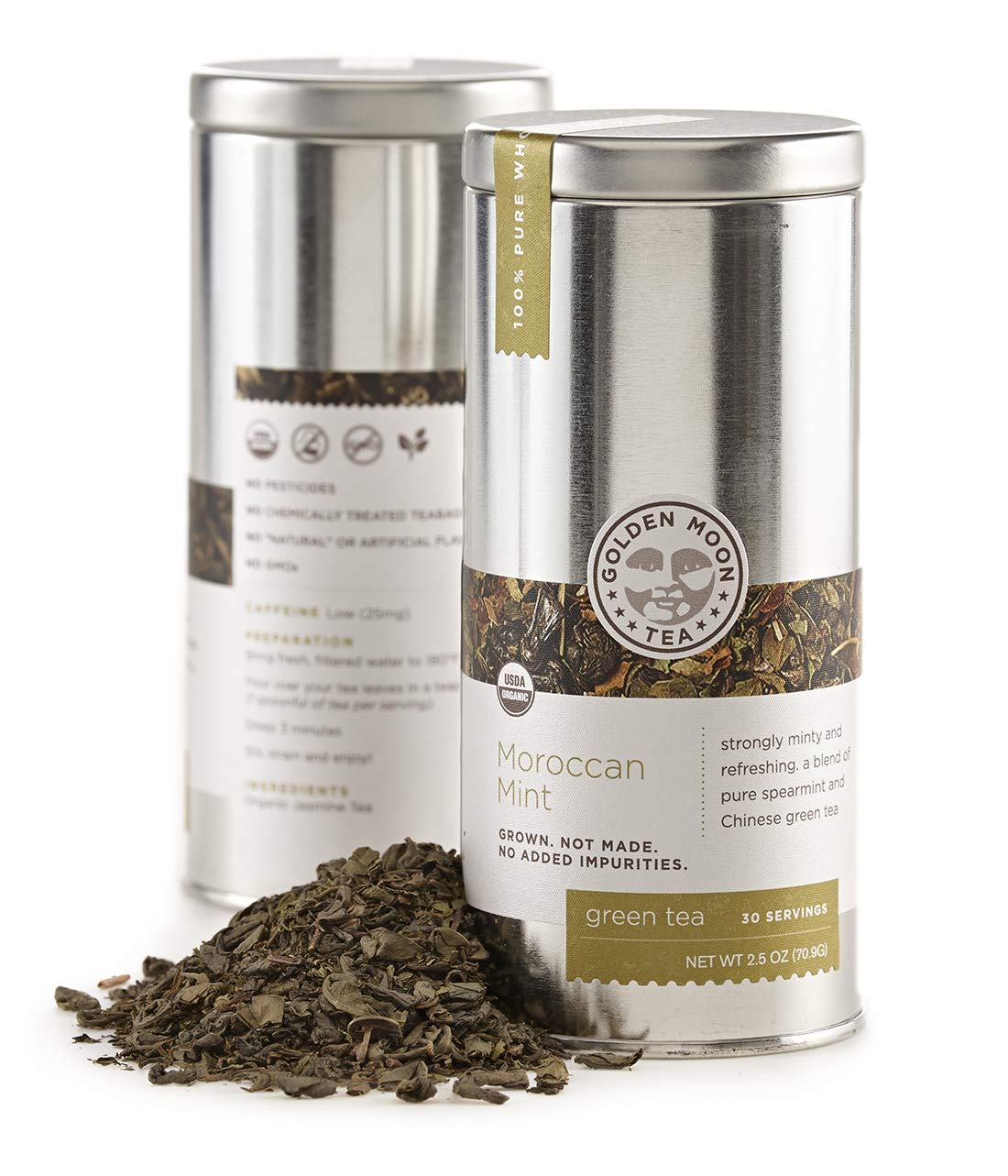 Golden Moon Tea Organic Moroccan Mint Green Tea - Loose Leaf, Non-GMO - Travel Tin (30 Servings)