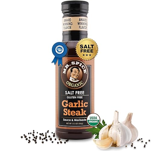 Mr. Spice Organic Garlic Steak Sauce, Salt Free Steak Sauce and Marinade, Gluten Free, Low Sodium Sauces and Marinades, Grill & Air Fryer, No Salt