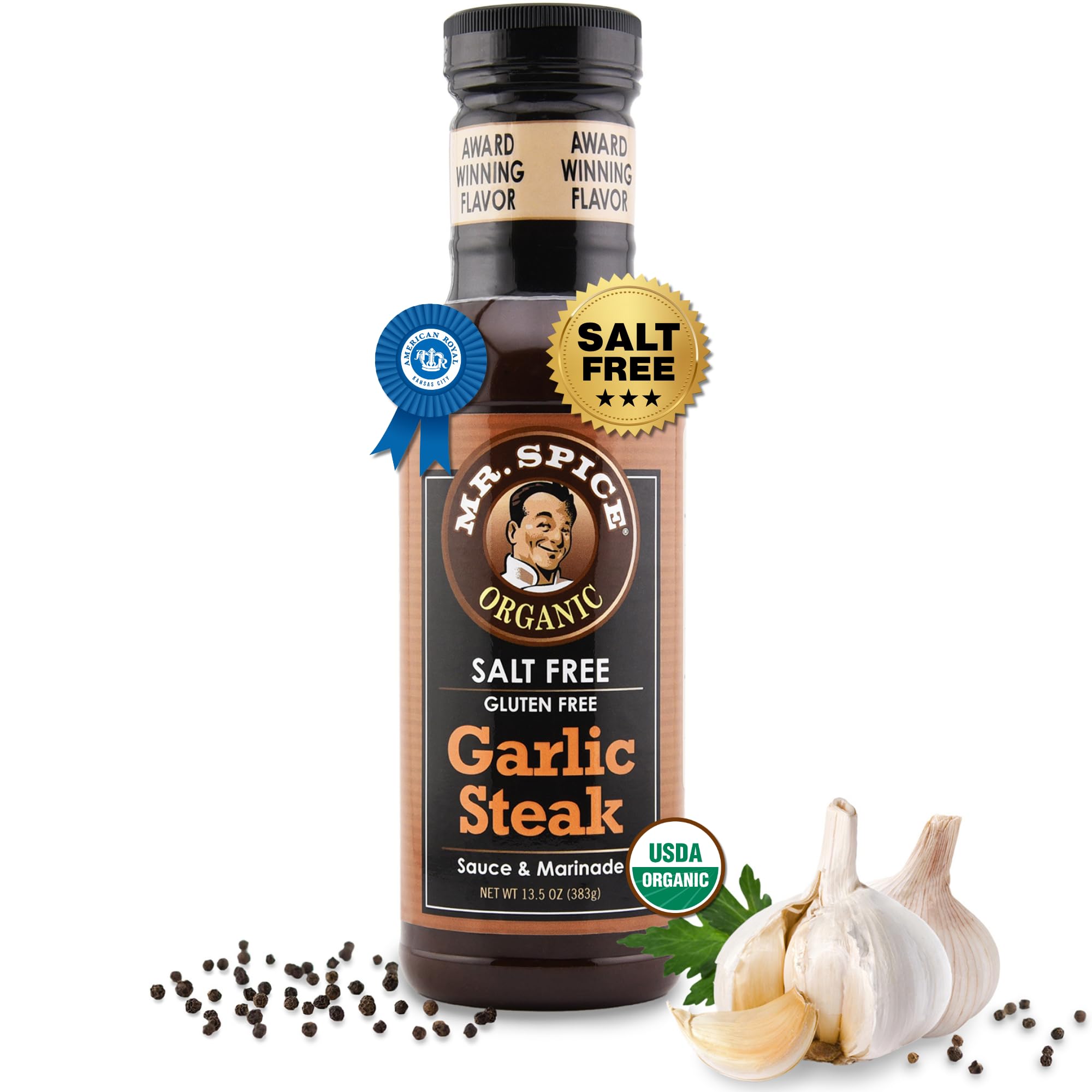 Mr. Spice Organic Garlic Steak Sauce, Salt Free Steak Sauce and Marinade, Gluten Free, Low Sodium Sauces and Marinades, Grill & Air Fryer, No Salt