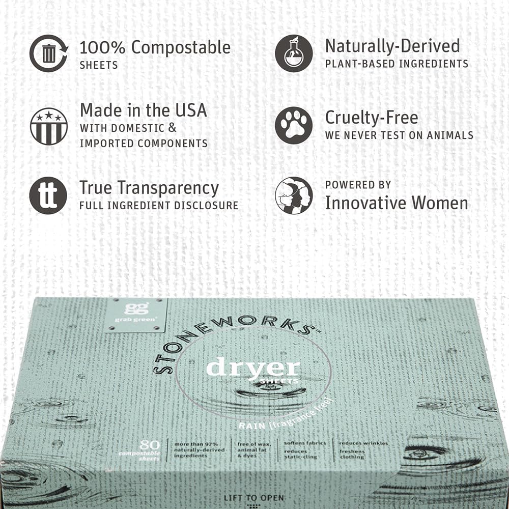 Grab Green Stoneworks Cruelty-Free Dryer Sheets | Softens Fabrics, Freshens Clothing & Reduces Static-Cling and Wrinkles | Plant Based | Fragrance