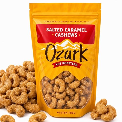 OZARK NUT ROASTERS, Salted Caramel Cashews, Flavored Snack Nuts, Gluten-Free Gourmet Candied Cashews, Blend of Sugar, Sea Salt & Caramel (14 oz)