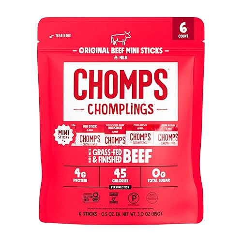 Chomps, Grass Fed Beef Jerky Meat Snack Sticks, Original Beef, 0.5 Ounce, 6 Count