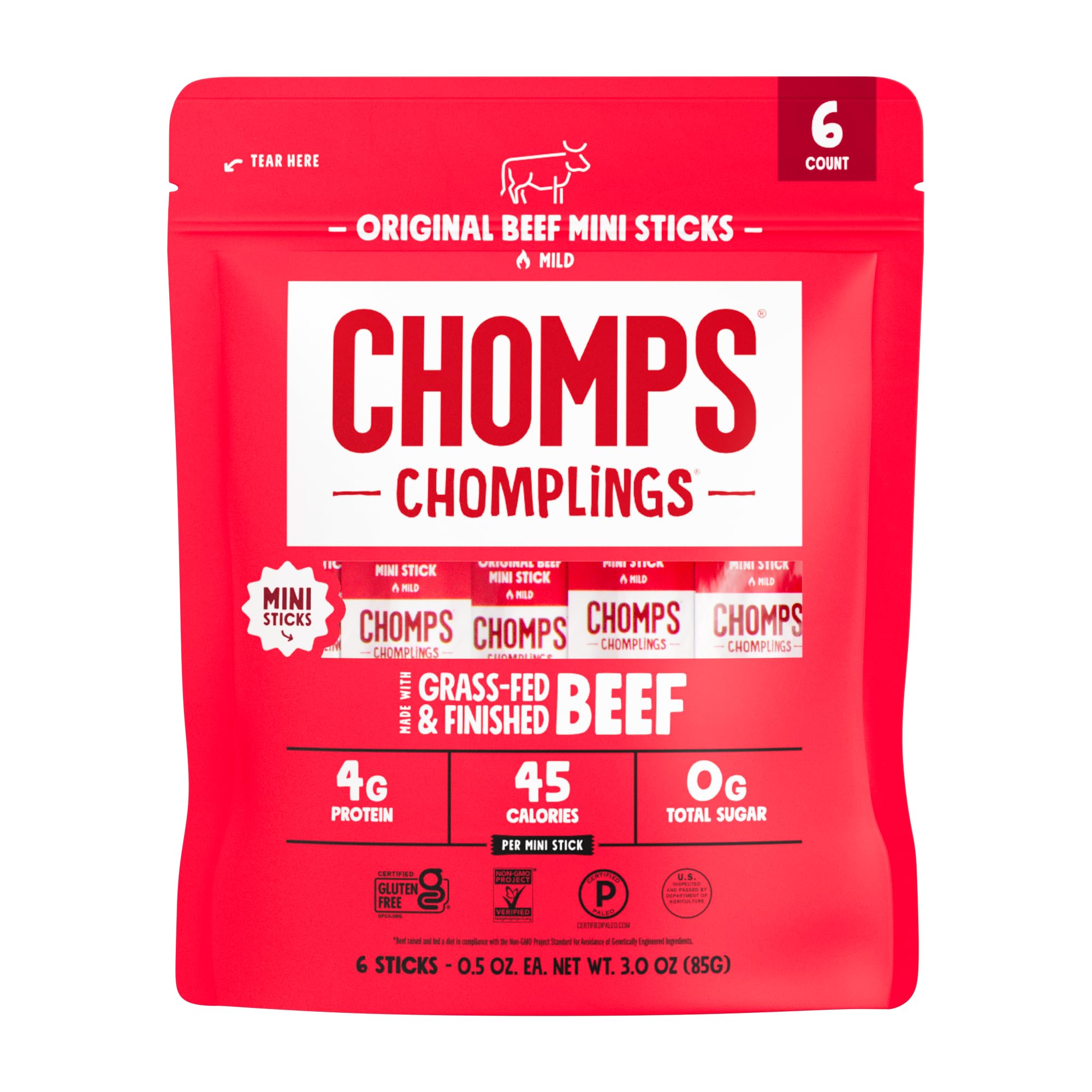 Chomps, Grass Fed Beef Jerky Meat Snack Sticks, Original Beef, 0.5 Ounce, 6 Count