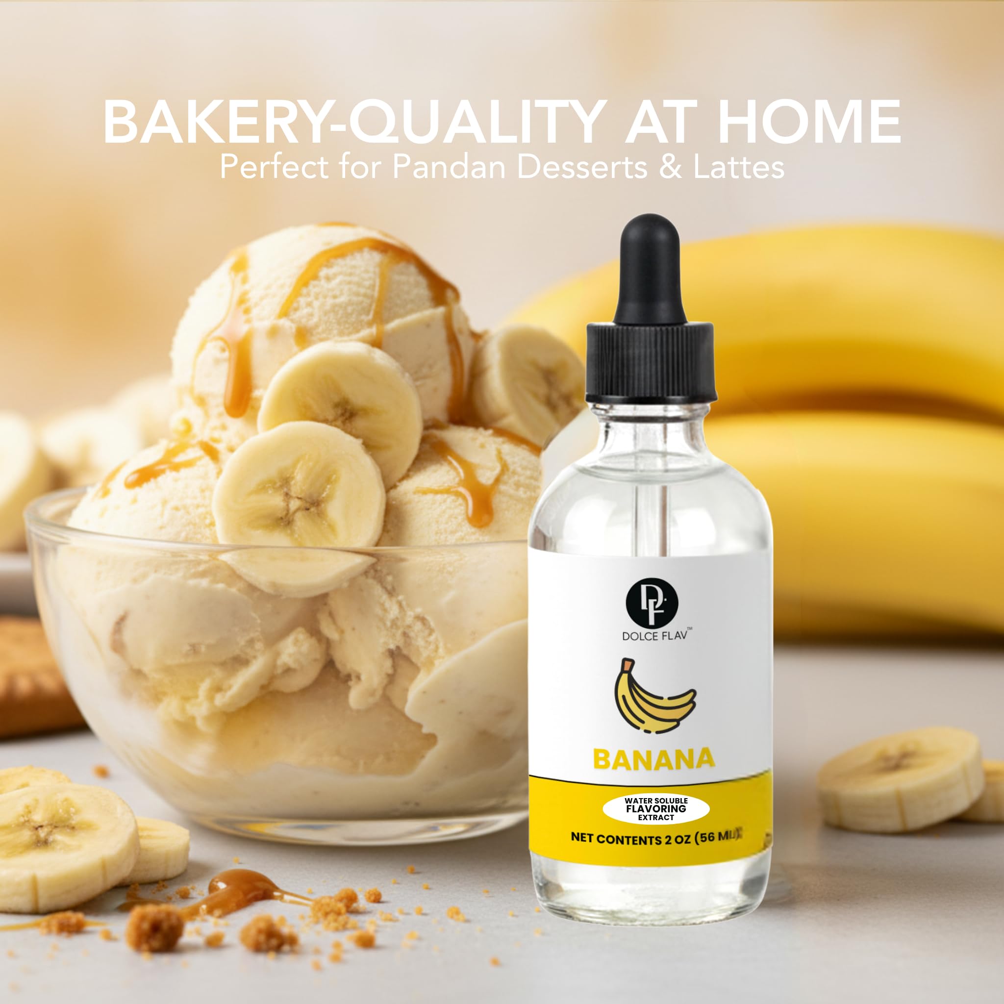 Dolce Flav Natural Banana Extract - 2 oz Water-Soluble Pure Banana Flavoring Drops for Baking, Smoothies & Desserts | Sugar Free, Allergen Free