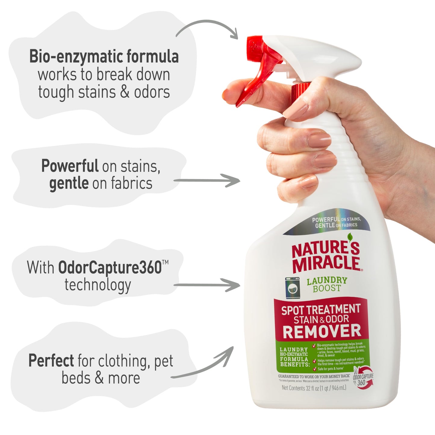 Nature’s Miracle Laundry Boost Spot Treatment Stain and Odor Remover, 32 Oz., Laundry Pre-Wash Stain and Odor Remover