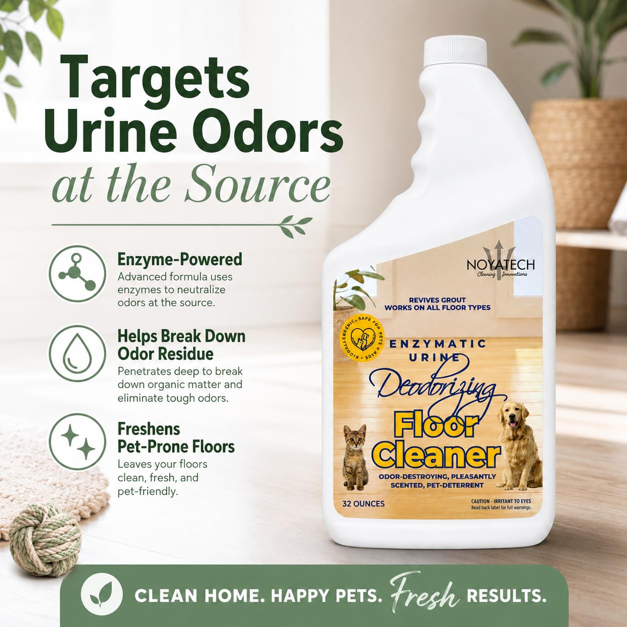 NOYATECH Pet Floor Cleaner for Mopping - Enzyme Urine & Odor Eliminator - Safe for Hardwood, Tile, Laminate & Grout - Dog & Cat Pee Concentrate, 32 oz