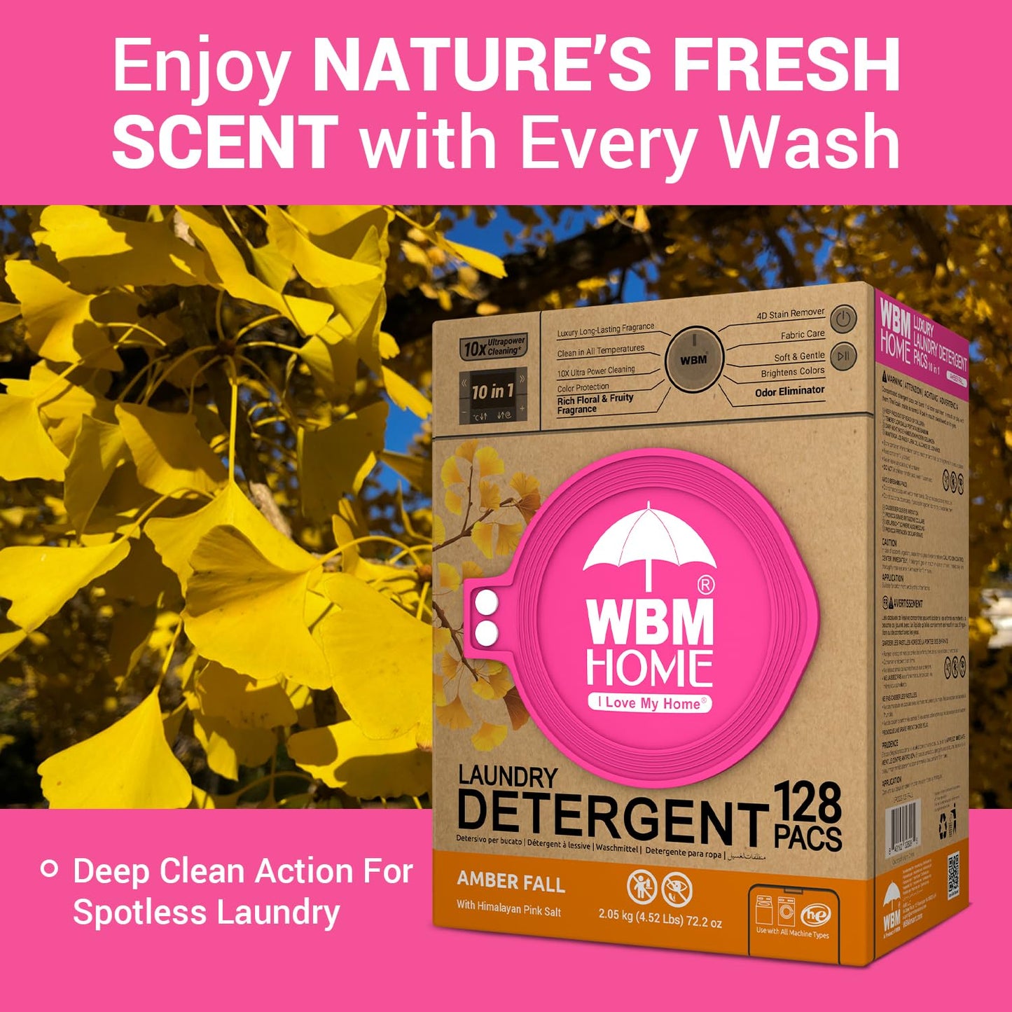 WBM Home Laundry Detergent Pods, Total 128 Count | Amber Fall Fragrance | 10 in 1 Laundry pods Detergent Ultra Power Cleaning with Plant-Based Scent
