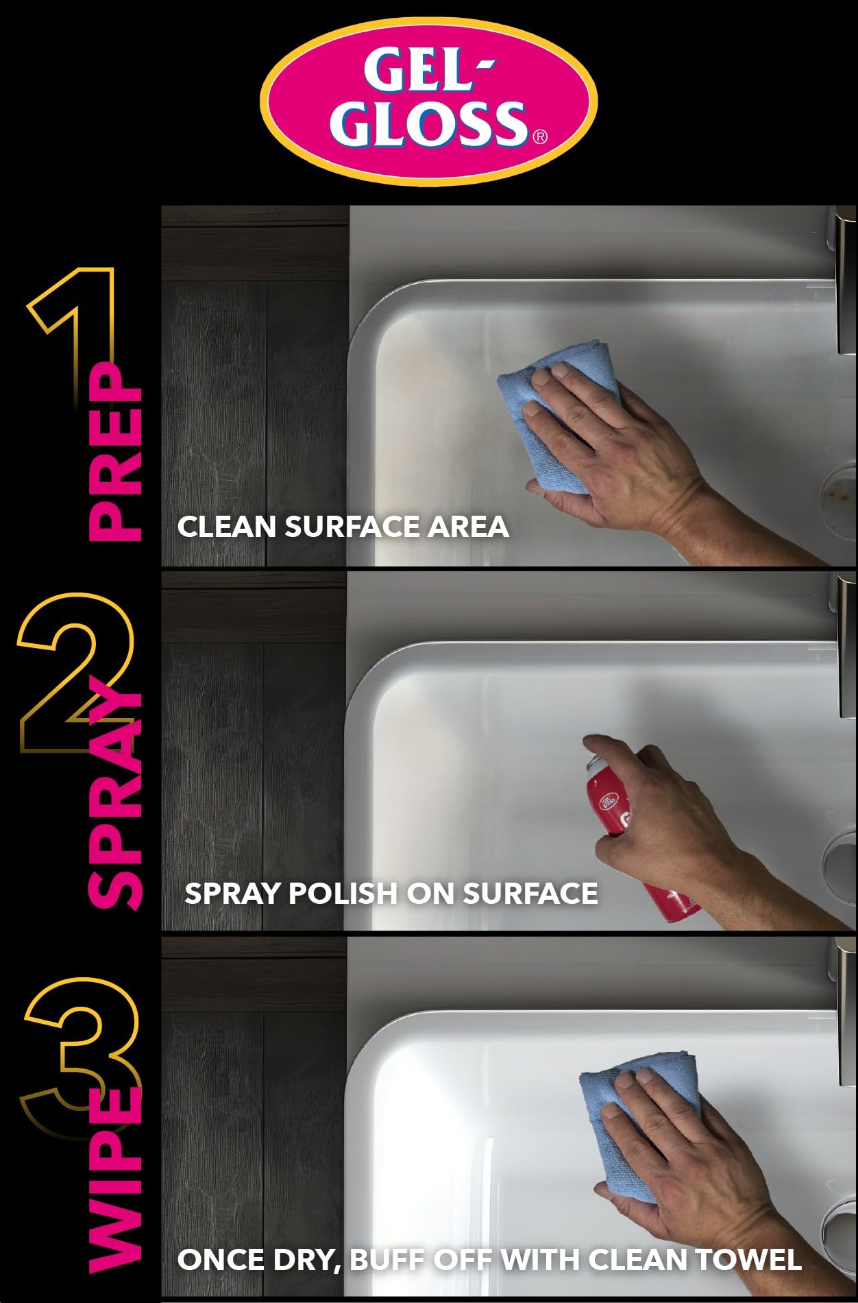Gel-Gloss Kitchen & Bath Polish Aerosol | Carnauba Cleaner Wax Formulation | Removes Water Spots, Light Scratches & Stains | Restores Color & Shine |
