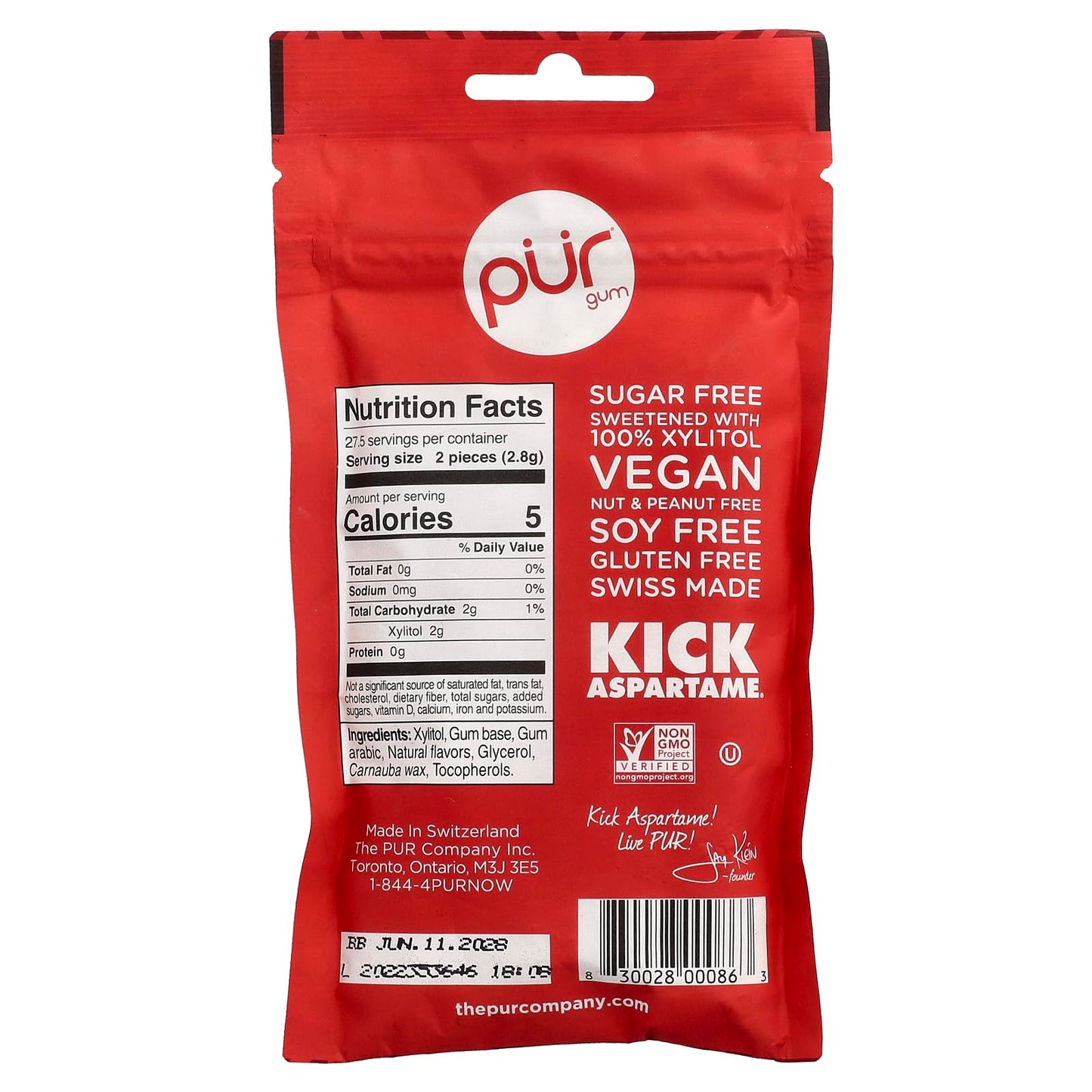 PUR 100% Xylitol Chewing Gum, Cinnamon, 55 Pieces per Bag - Sugar-Free + Aspartame Free, Vegan + non GMO