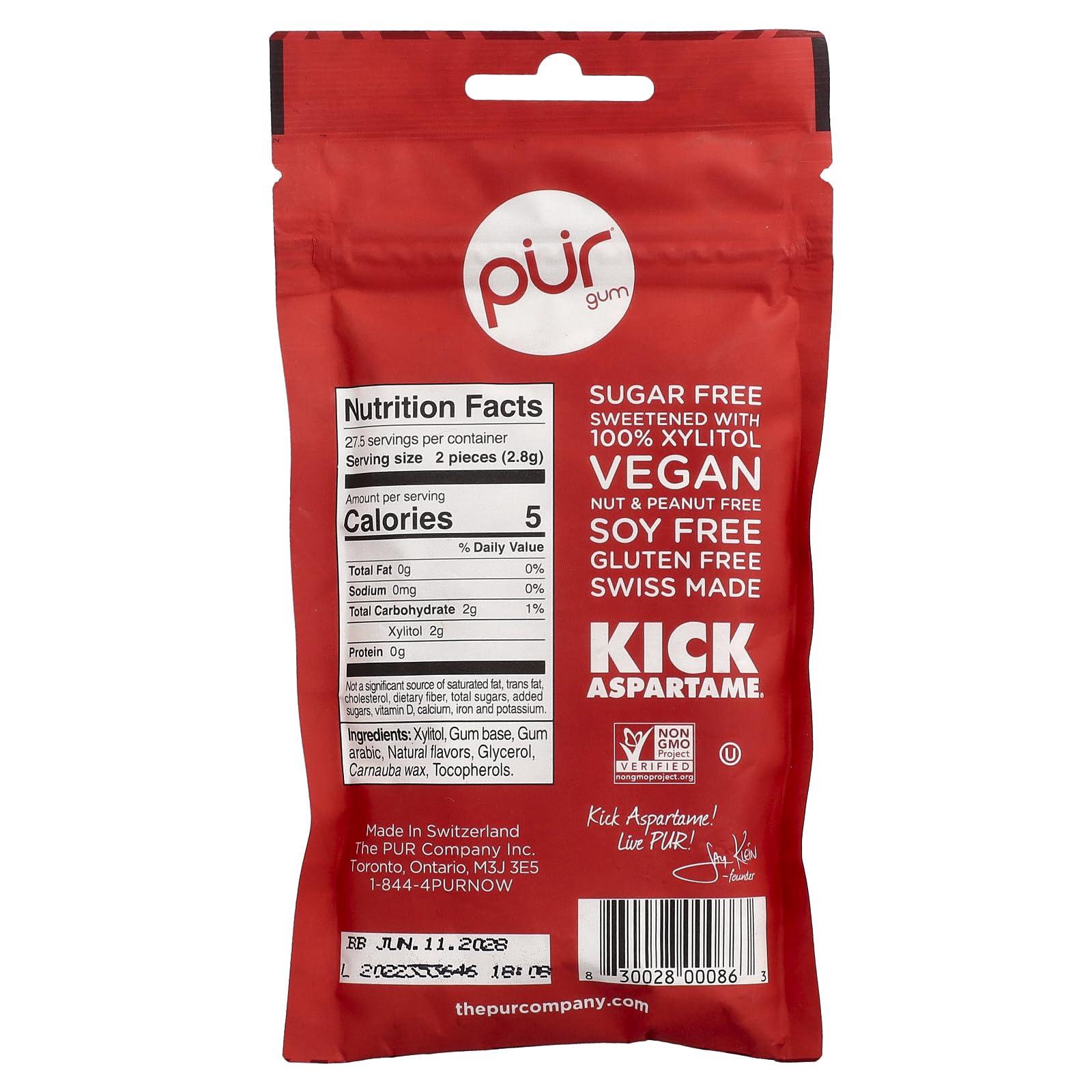 PUR 100% Xylitol Chewing Gum, Cinnamon, 55 Pieces per Bag - Sugar-Free + Aspartame Free, Vegan + non GMO