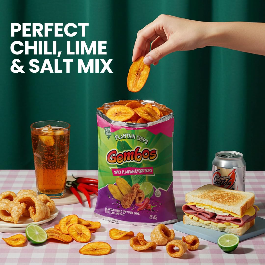 Gembos Spicy Plantain & Pork skins Snack Pack, Chili Lime and Salt Chips, Crunchy Chicharrones and Plantain Mix (4 Oz (Pack of 1))