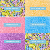Sweets Indeed Dye Free Pastel Sprinkles 6 Cell, Yellow Blue Purple and Pink Sugar with Pastel Jimmies, No Artificial Dyes, Edible Cake Decorations