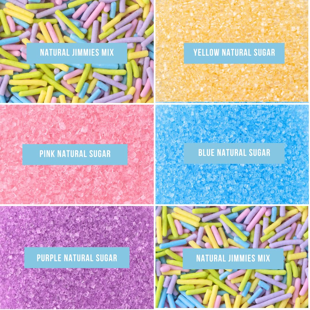 Sweets Indeed Dye Free Pastel Sprinkles 6 Cell, Yellow Blue Purple and Pink Sugar with Pastel Jimmies, No Artificial Dyes, Edible Cake Decorations
